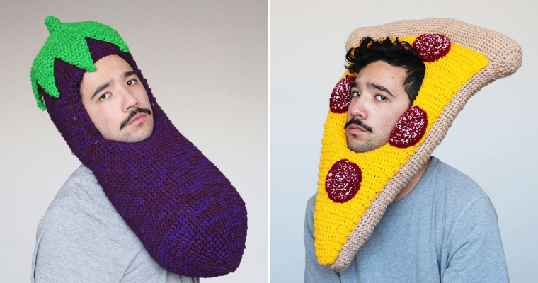 Artist Crochets Stupid Food Hats And Wears Them Himself