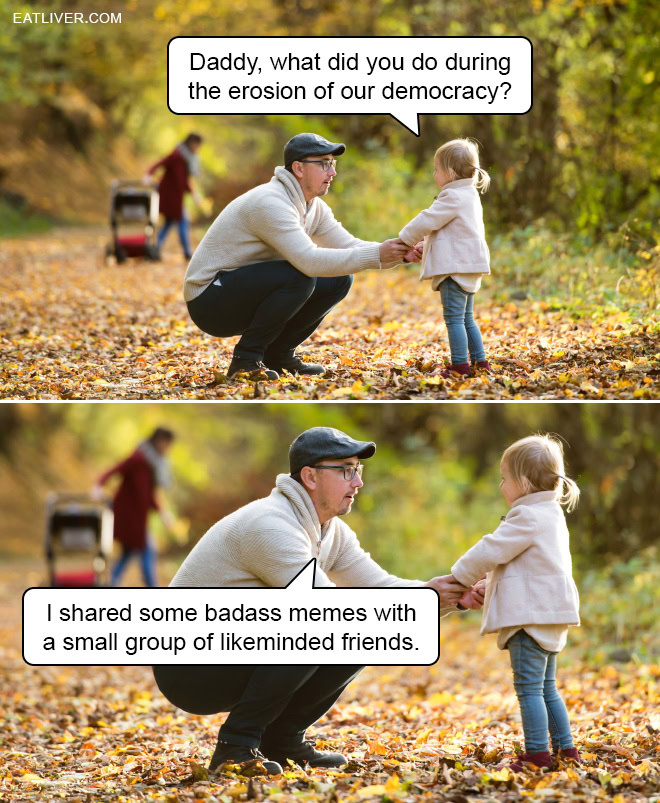 Daddy, what did you do during the erosion of our democracy? I shared some badass memes with a small group of likeminded friends.